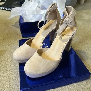 KAYLEEN By Los Angeles Beige Suede Ankle-Strap Block Heels